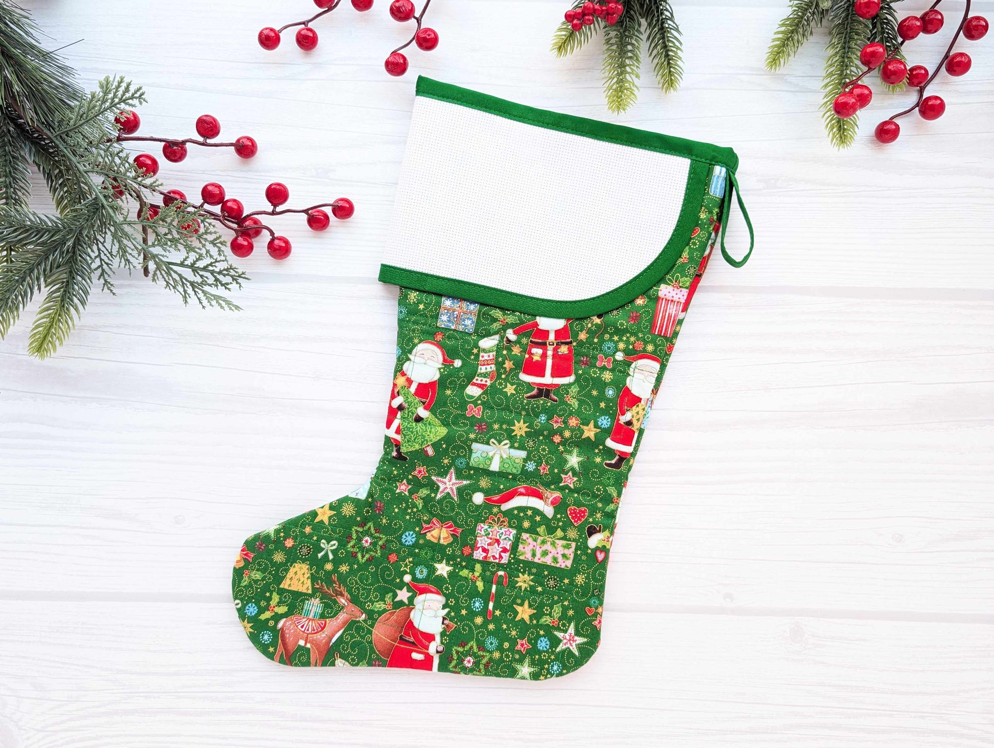 green metallic holiday quilted christmas stocking with blank cross stitch aida cuff