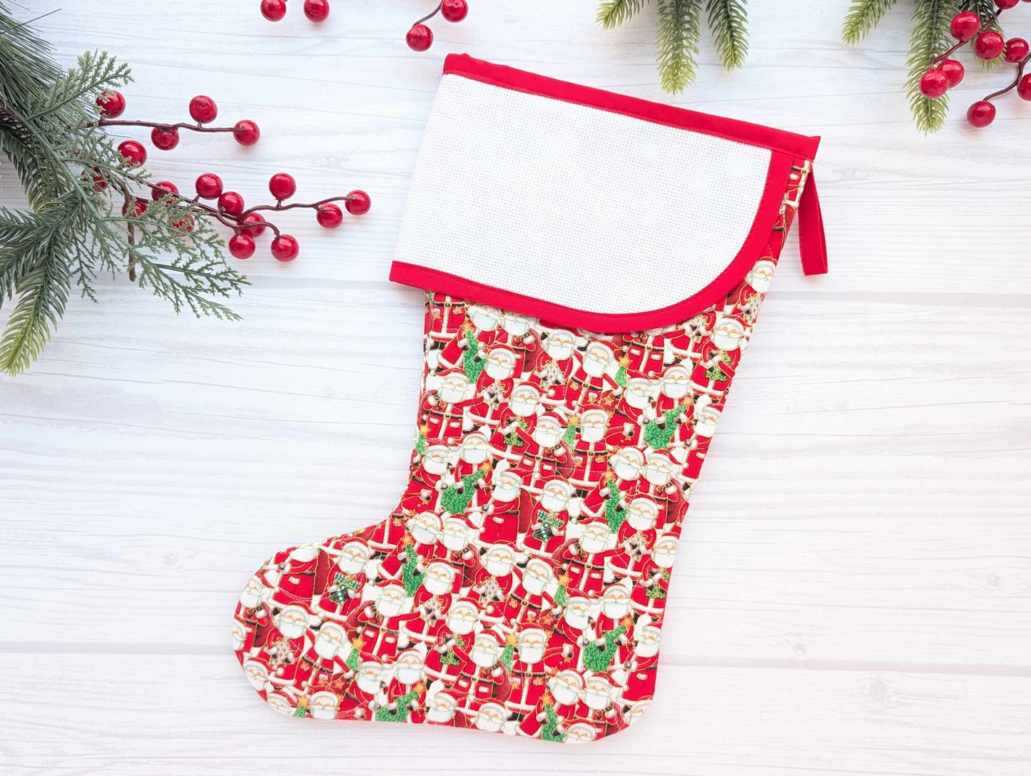 red santas quilted christmas stocking with blank cross stitch aida cuff