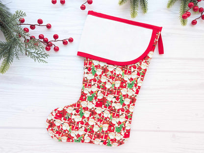 red santas quilted christmas stocking with blank cross stitch aida cuff