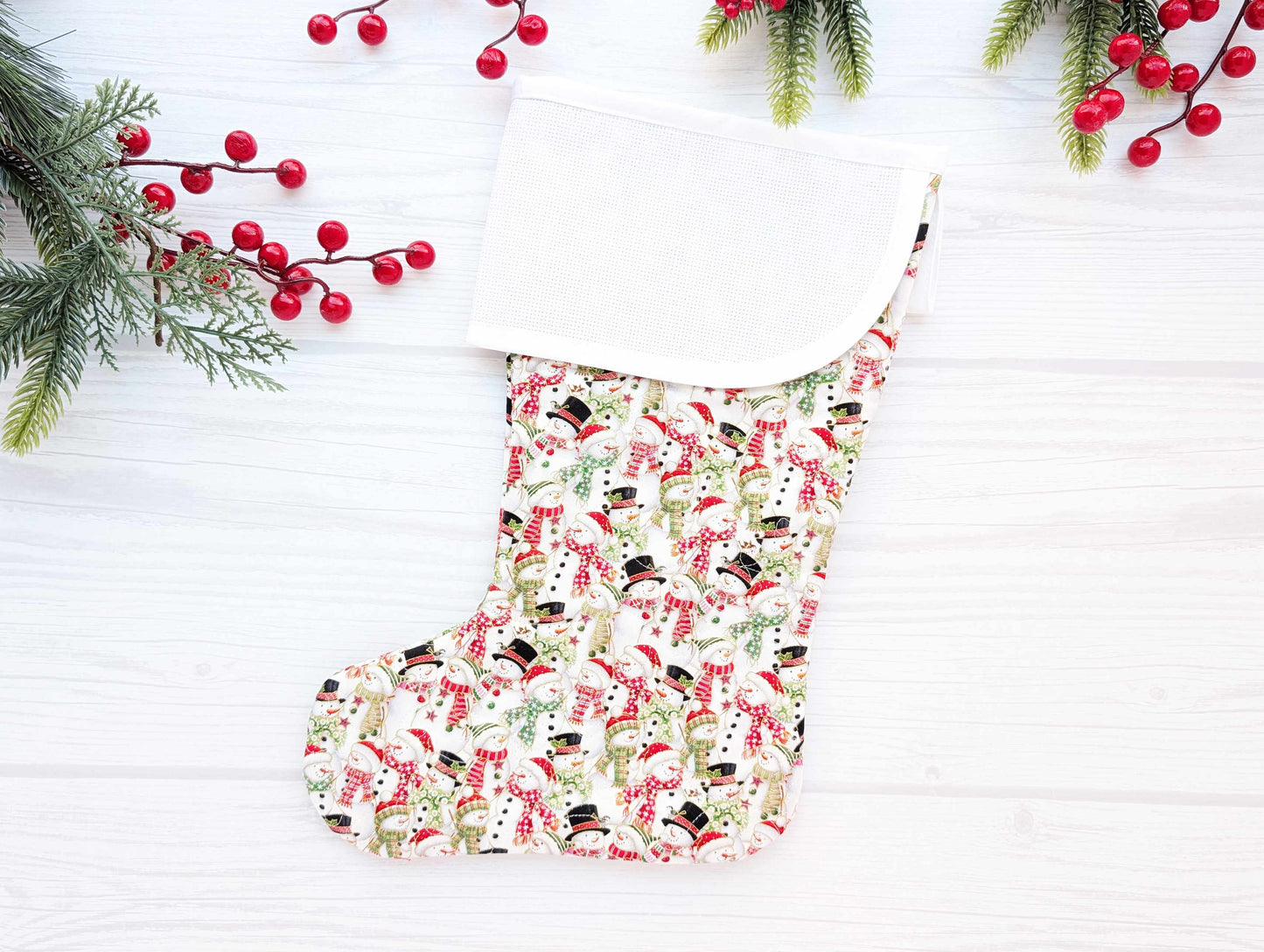 white snowmen quilted christmas stocking with blank cross stitch aida cuff