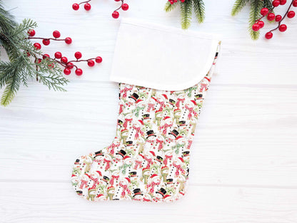 white snowmen quilted christmas stocking with blank cross stitch aida cuff
