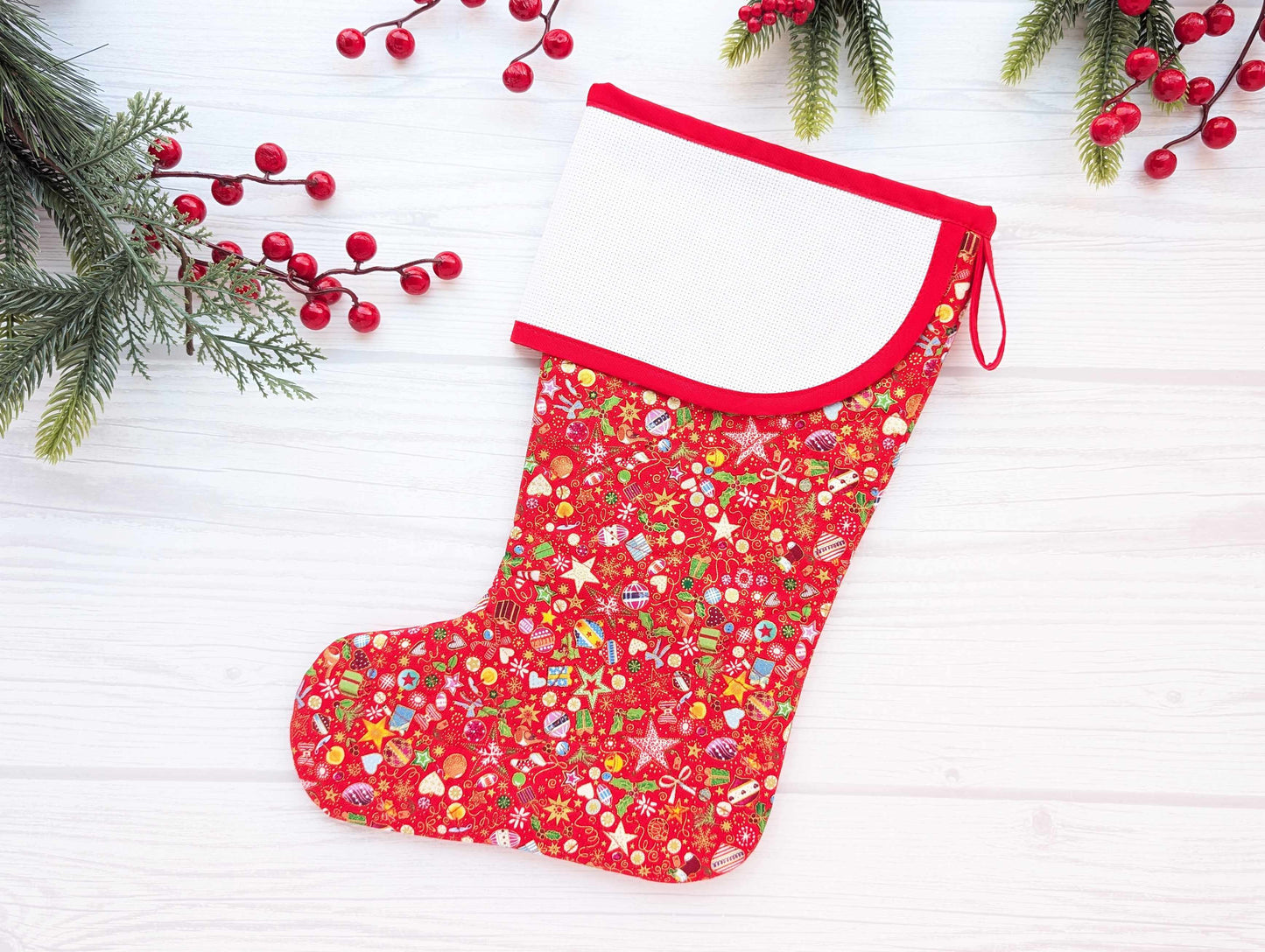 red metallic toys stars quilted christmas stocking with blank cross stitch aida cuff