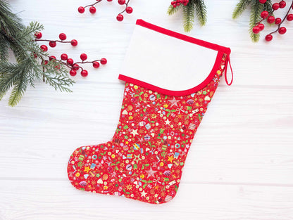 red metallic toys stars quilted christmas stocking with blank cross stitch aida cuff