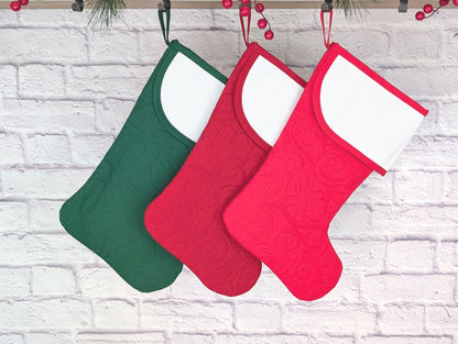 blank quilted Christmas stocking with cross stitch aida cuff in dark red, bright red, or dark green with Christmas Star quilting