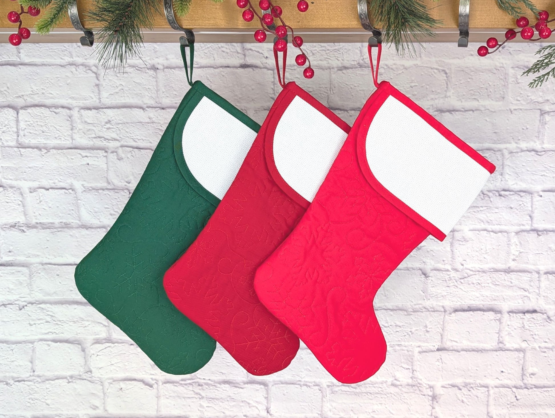 blank quilted Christmas stocking with cross stitch aida cuff in dark red, bright red, or dark green with snowflakes quilting