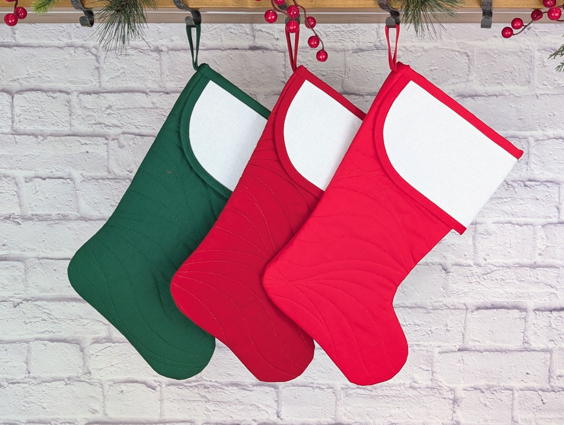 blank quilted Christmas stocking with cross stitch aida cuff in dark red, bright red, or dark green with waves quilting