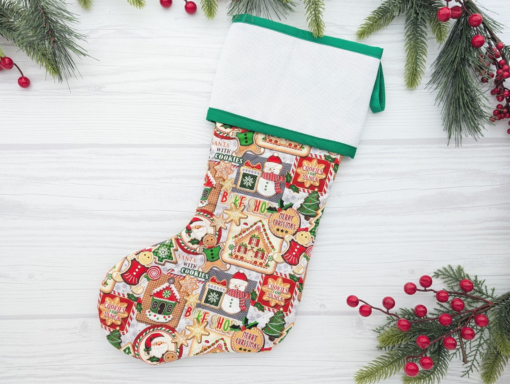  quilted christmas stocking with blank cross stitch aida cuff