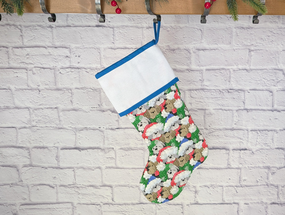 dog stocking with blank cross stitch cuff and blue trim