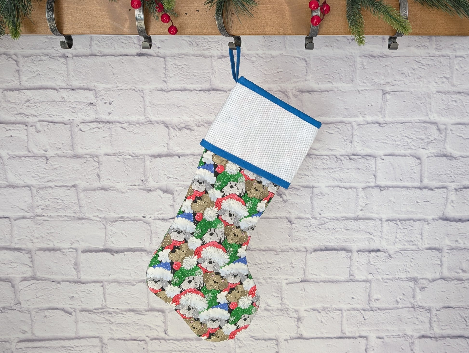 dog stocking with blank cross stitch cuff and blue trim