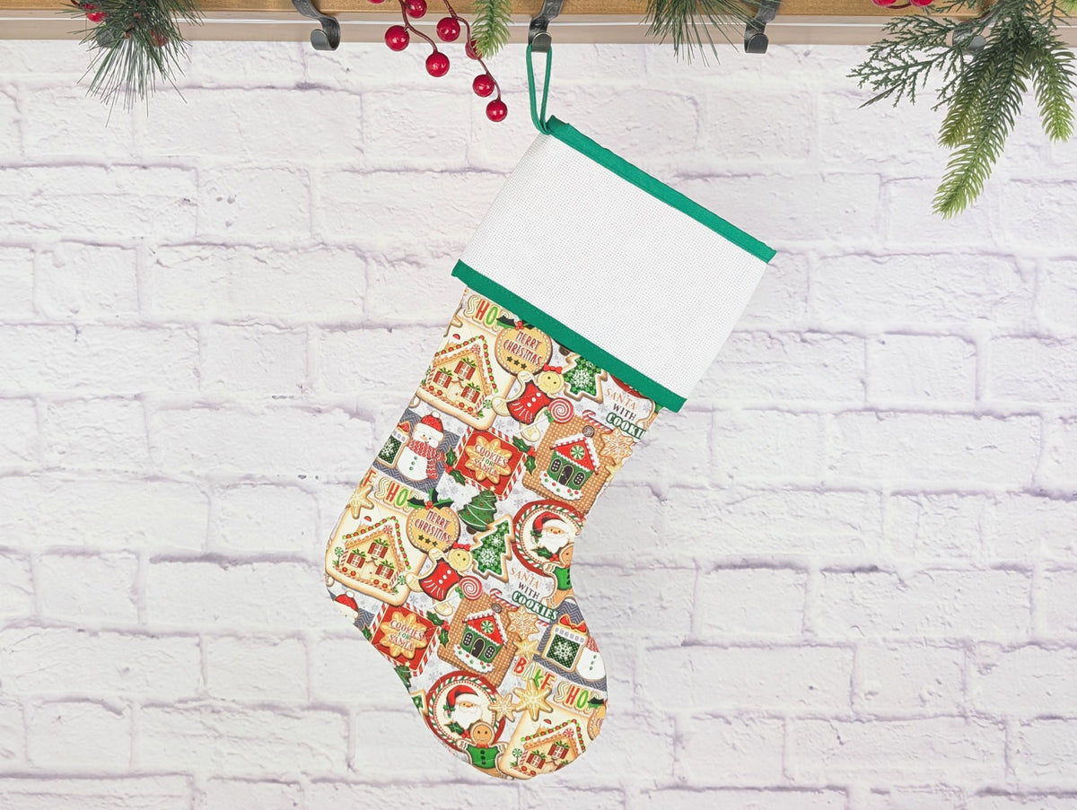 gingerbread  quilted christmas stocking with blank cross stitch aida cuff