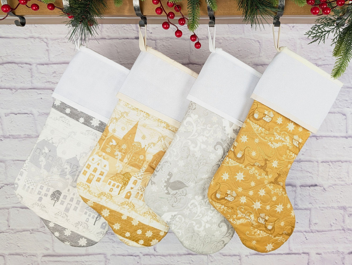 quilted Christmas stocking with blank cross stitchable Aida cuff