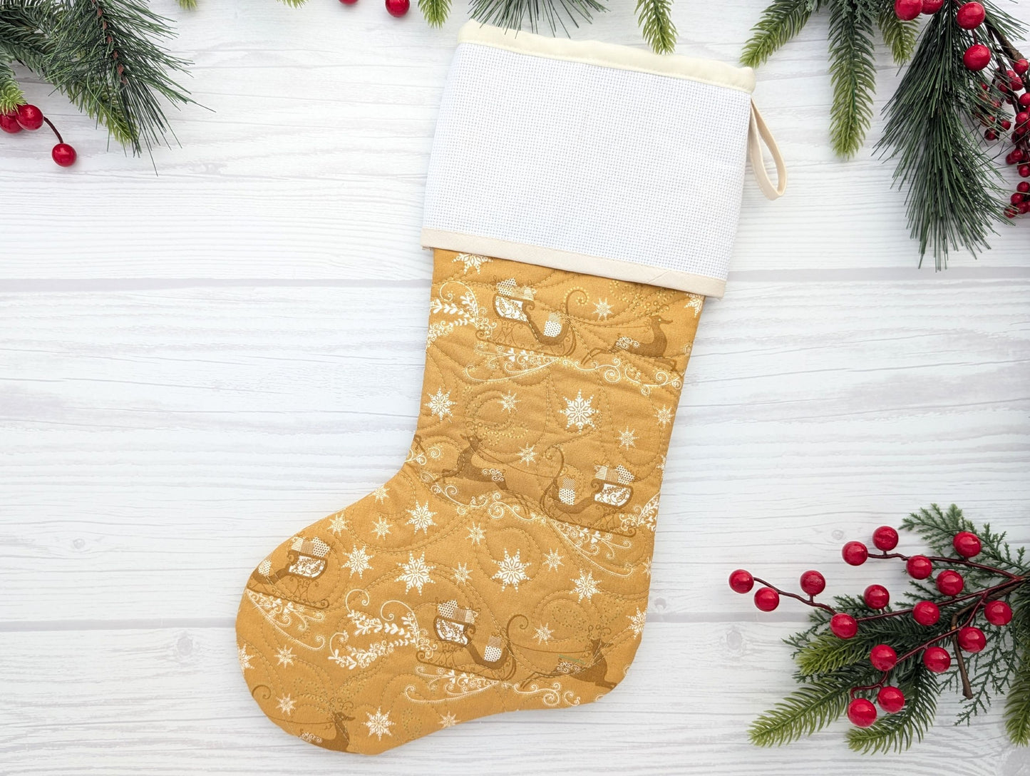 gold winter quilted Christmas stocking with blank cross stitchable Aida cuff