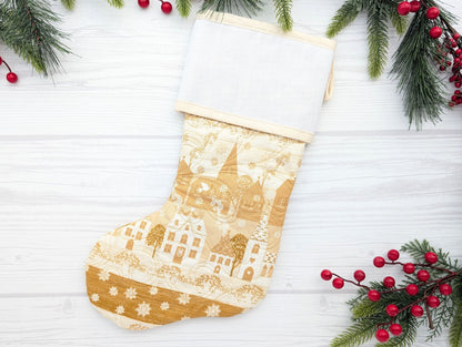 gold quilted Christmas stocking with blank cross stitchable Aida cuff