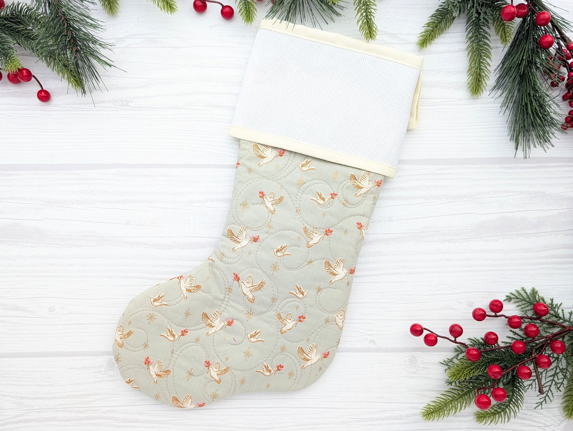 gray doves quilted Christmas stocking with blank cross stitch Aida cuff
