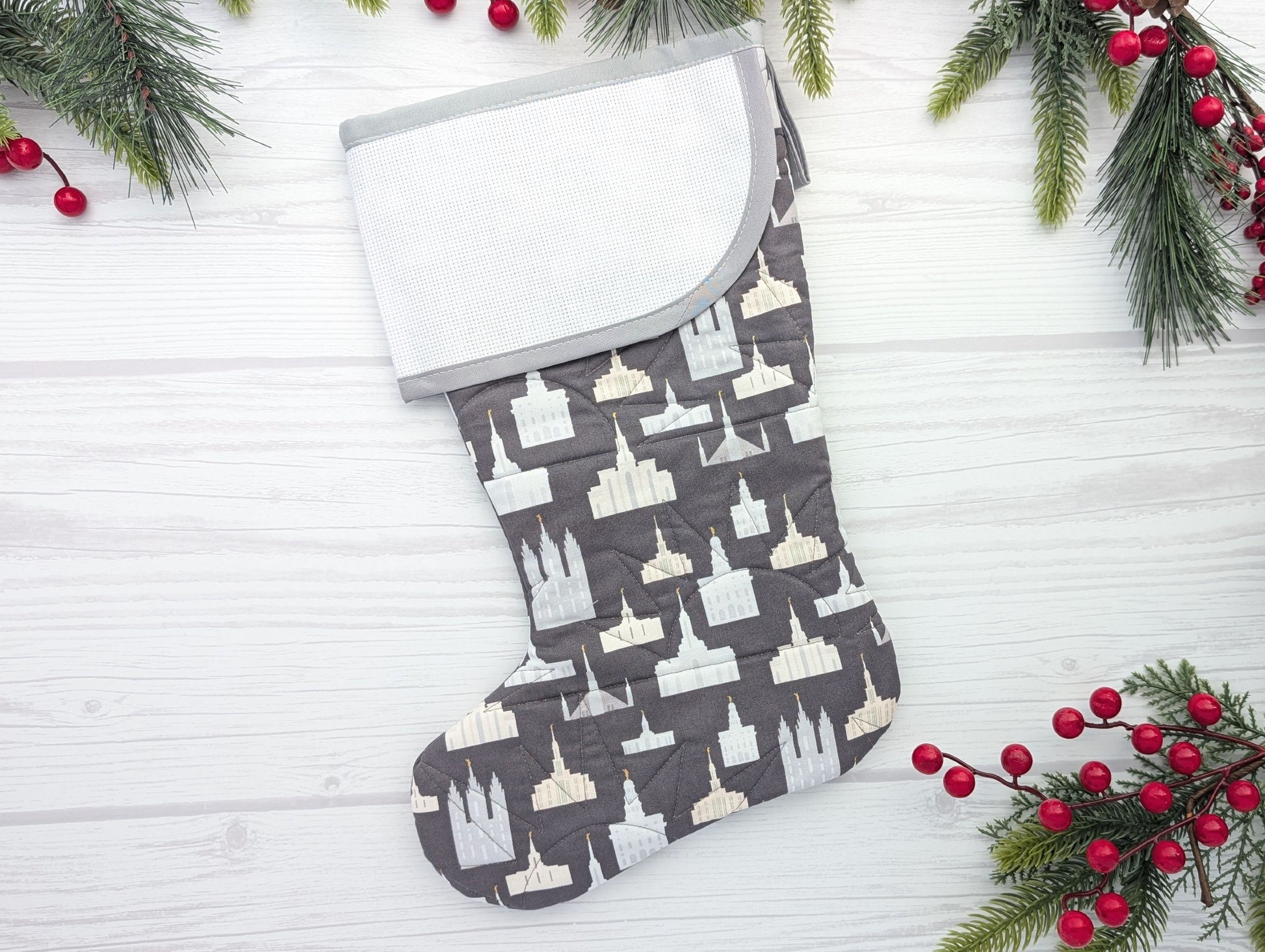 gray temples quilted Christmas stocking with blank cross stitch Aida cuff for LDS missionary