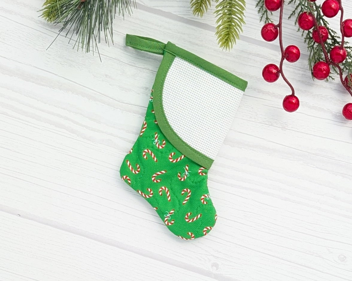green candy canes mini christmas stocking with blank cross-stitchable cuff