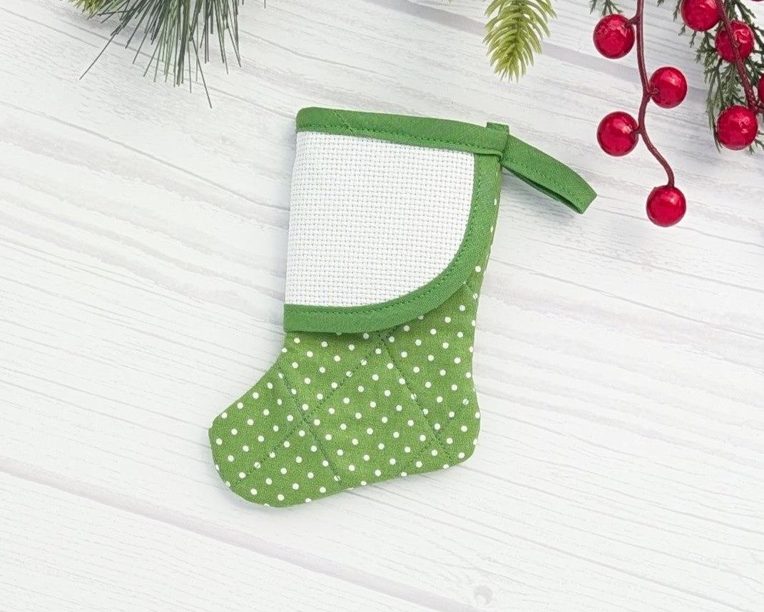 green with white dots mini christmas stocking with blank cross-stitchable cuff