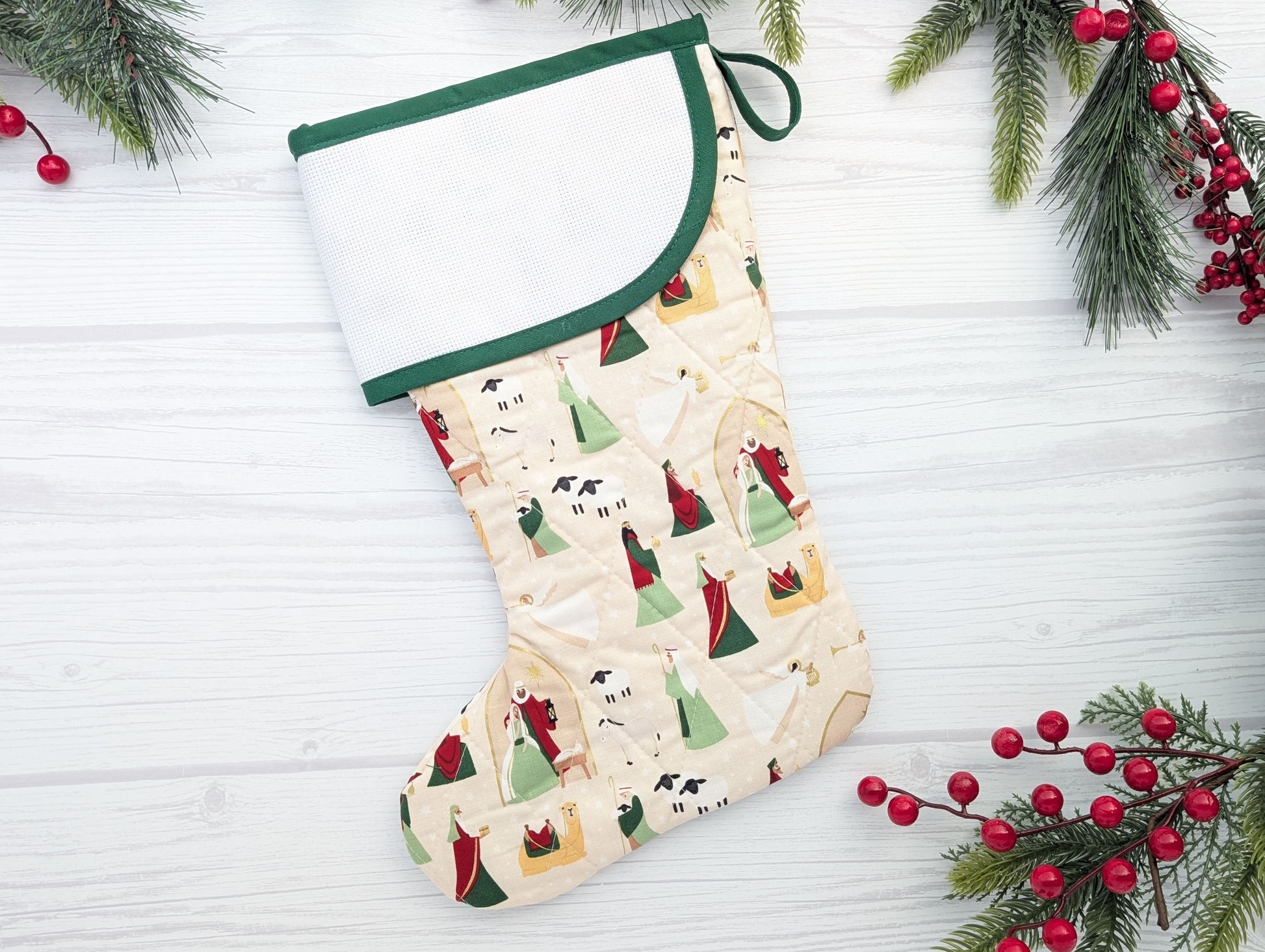 green nativity Christmas stocking with blank aida cuff