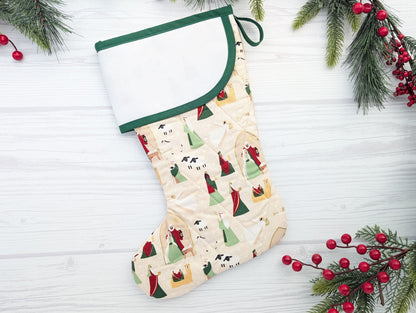 green nativity Christmas stocking with blank aida cuff