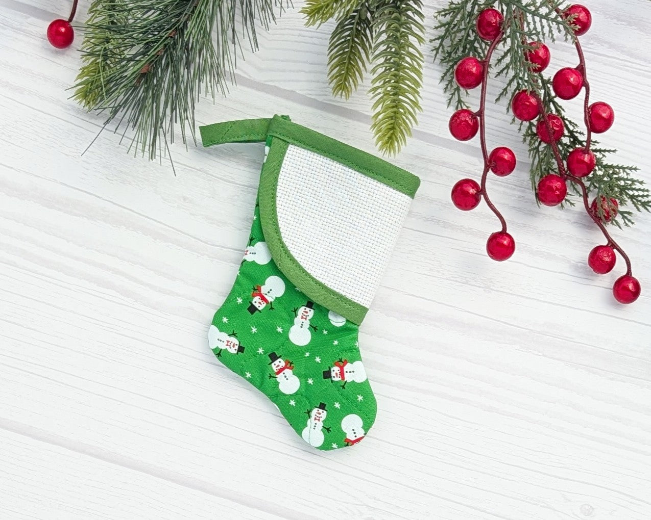 green snowmen mini christmas stocking with blank cross-stitchable cuff