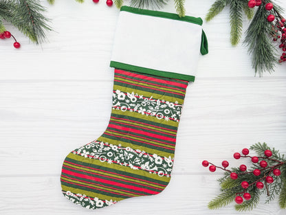 green stripe quilted Christmas stocking with blank cross stitch Aida cuff