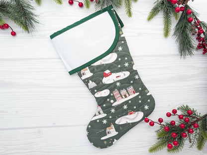 green village quilted Christmas stocking with blank cross stitch cuff