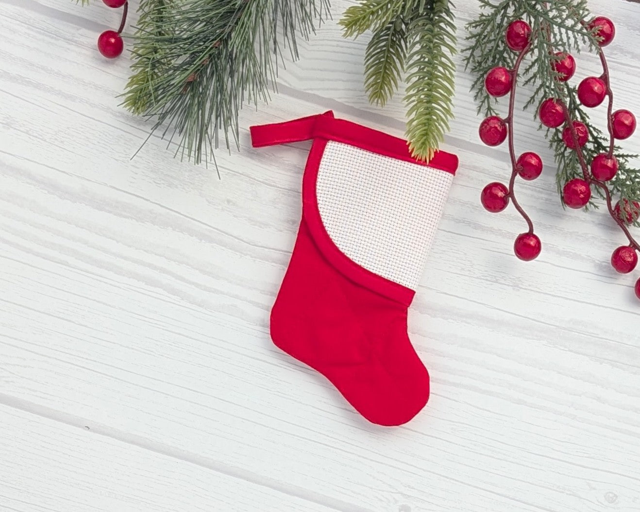 red straight quilting mini christmas stocking with blank cross-stitchable cuff