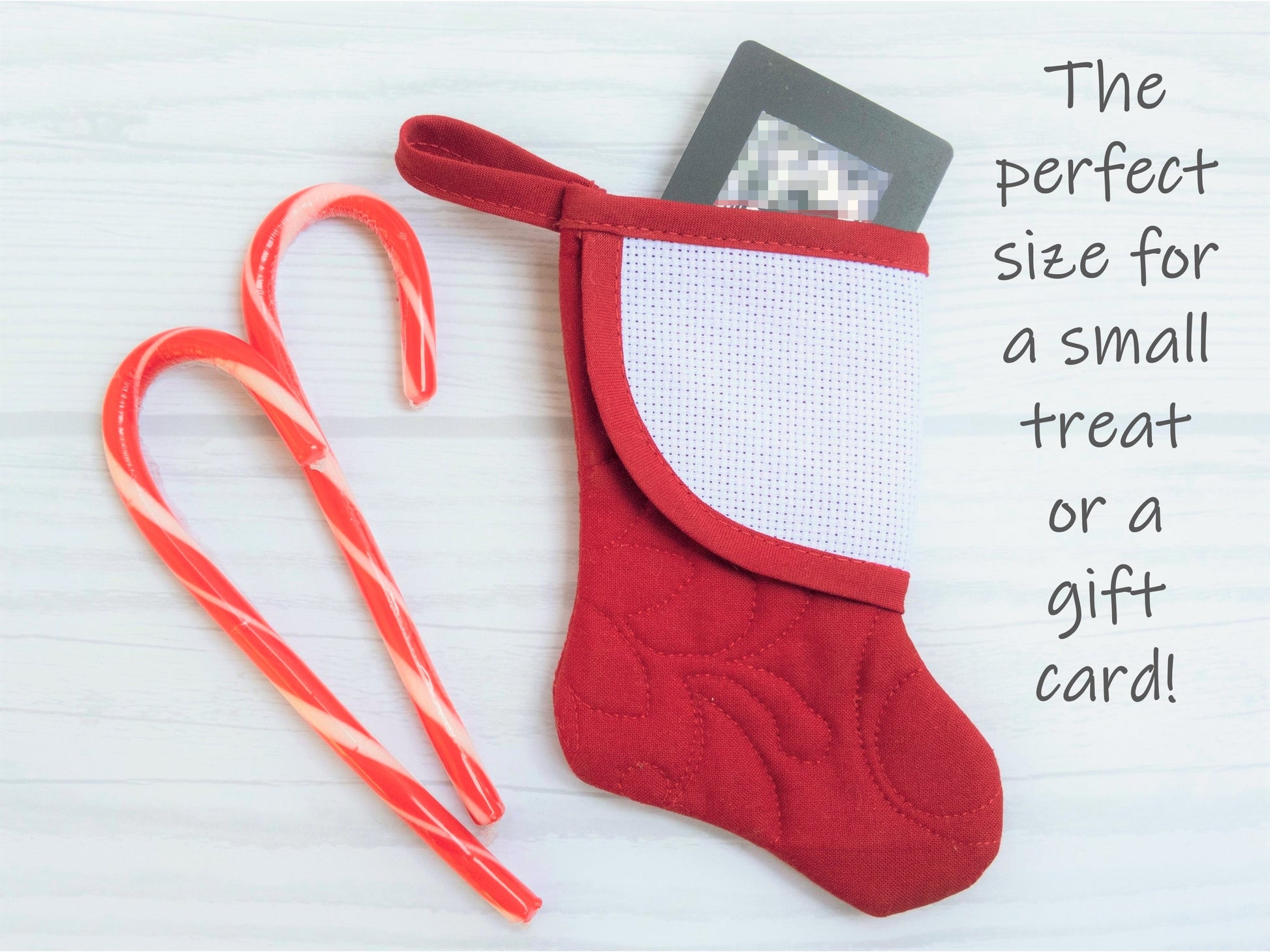 mini christmas stocking with blank cross-stitchable cuff perfect for a treat or gift card