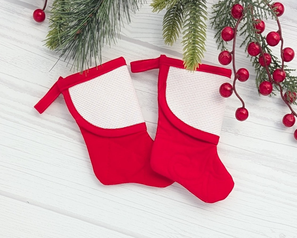 mini christmas stocking with blank cross-stitchable cuff red quilted
