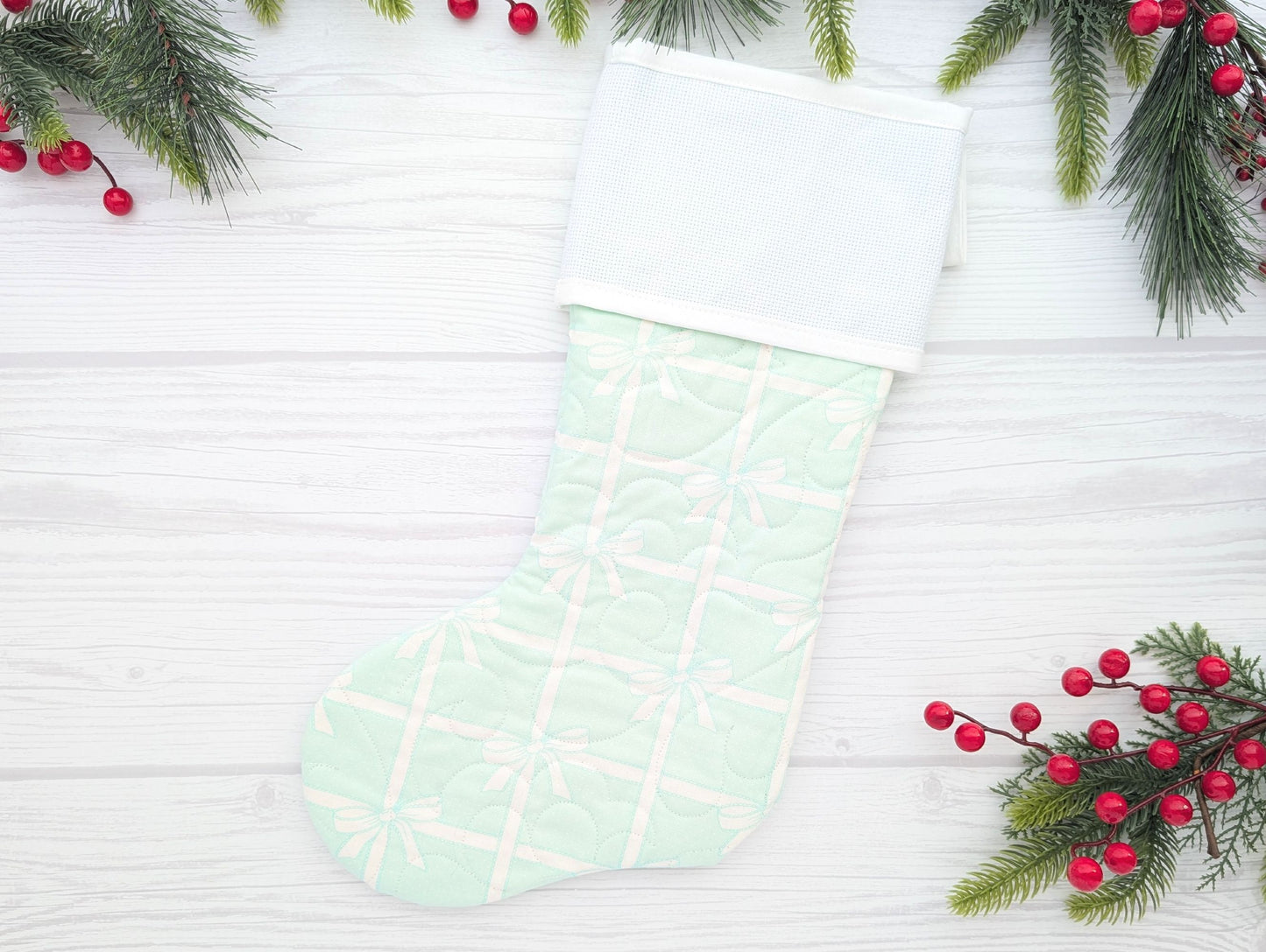 mint bows quilted Christmas stocking with blank cross stitch Aida cuff