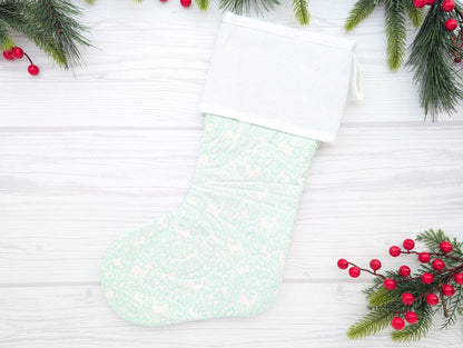 mint deer quilted Christmas stocking with blank cross stitch Aida cuff