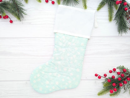 mint snowflakes quilted Christmas stocking with blank cross stitch Aida cuff