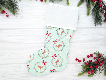 mint wreaths quilted Christmas stocking with blank cross stitch Aida cuff
