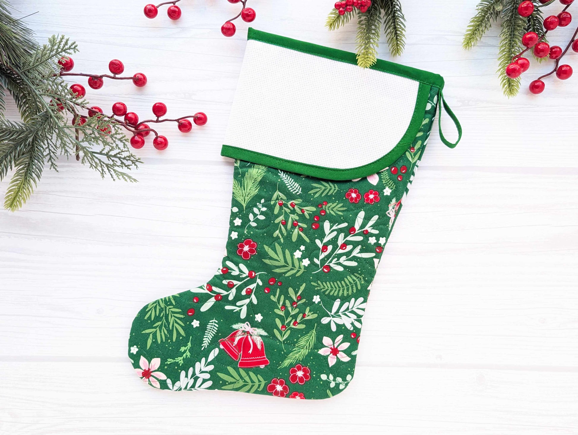 green floral holly bells quilted christmas stocking with blank cross stitch aida cuff