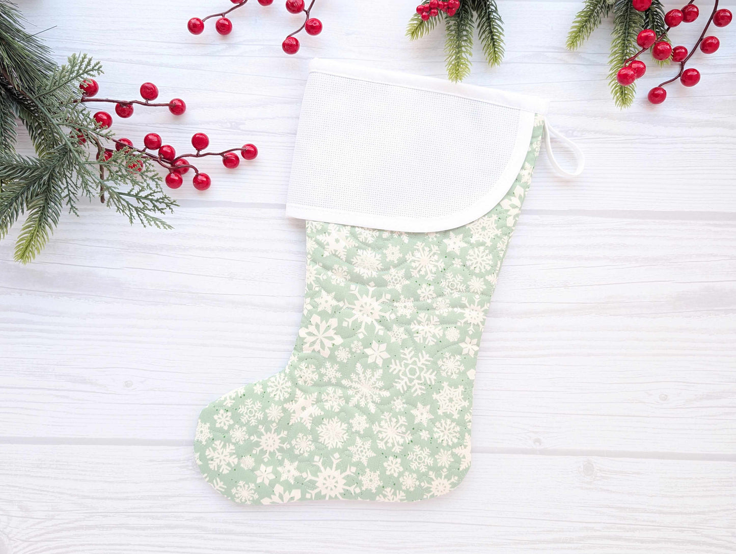mint sage snowflakes quilted christmas stocking with blank cross stitch aida cuff