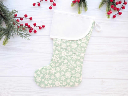 mint sage snowflakes quilted christmas stocking with blank cross stitch aida cuff