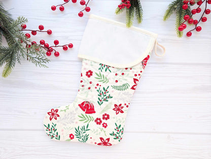 white floral holly bells quilted christmas stocking with blank cross stitch aida cuff