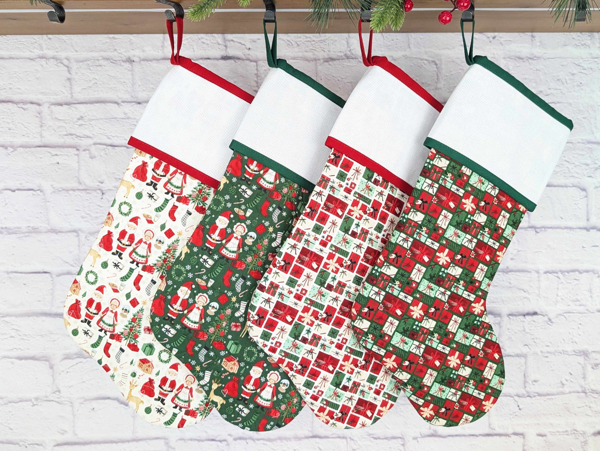 quilted christmas stocking with blank cross stitch Aida cuff