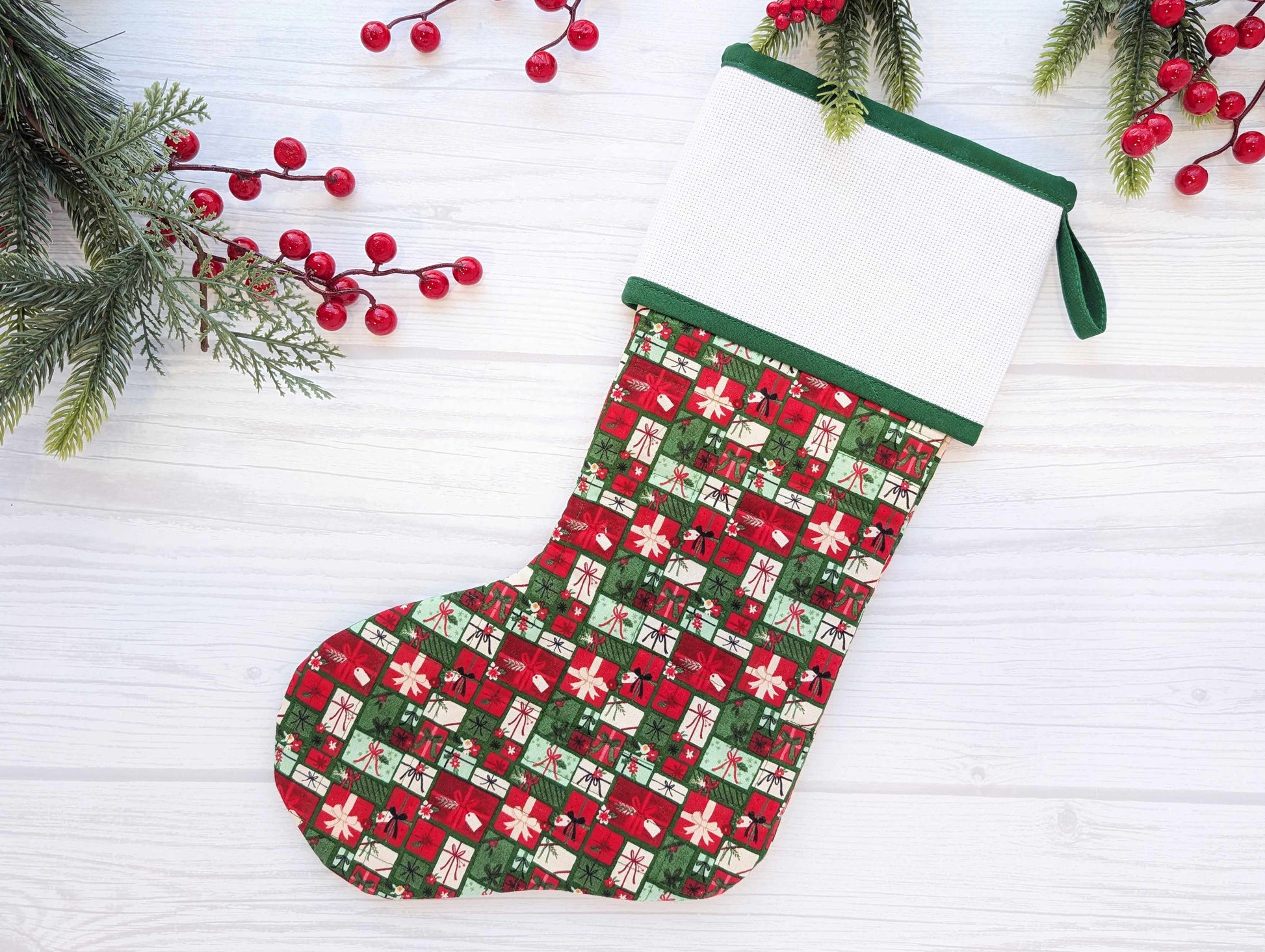 green presents quilted christmas stocking with blank cross stitch Aida cuff