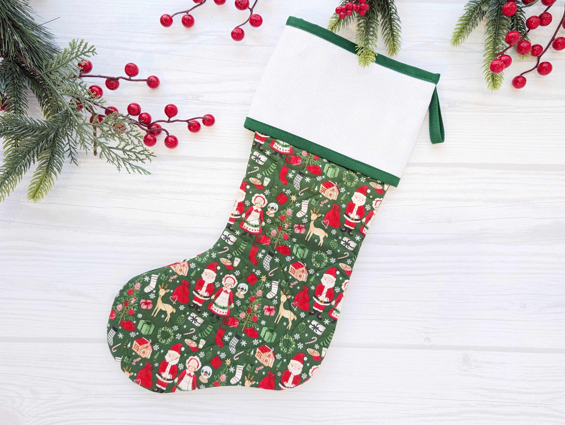 green mrs claus santa quilted christmas stocking with blank cross stitch Aida cuff