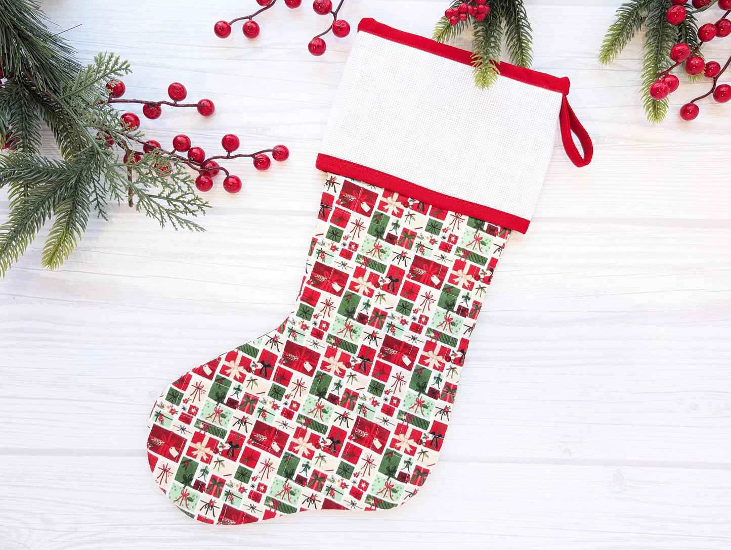 white presents quilted christmas stocking with blank cross stitch Aida cuff