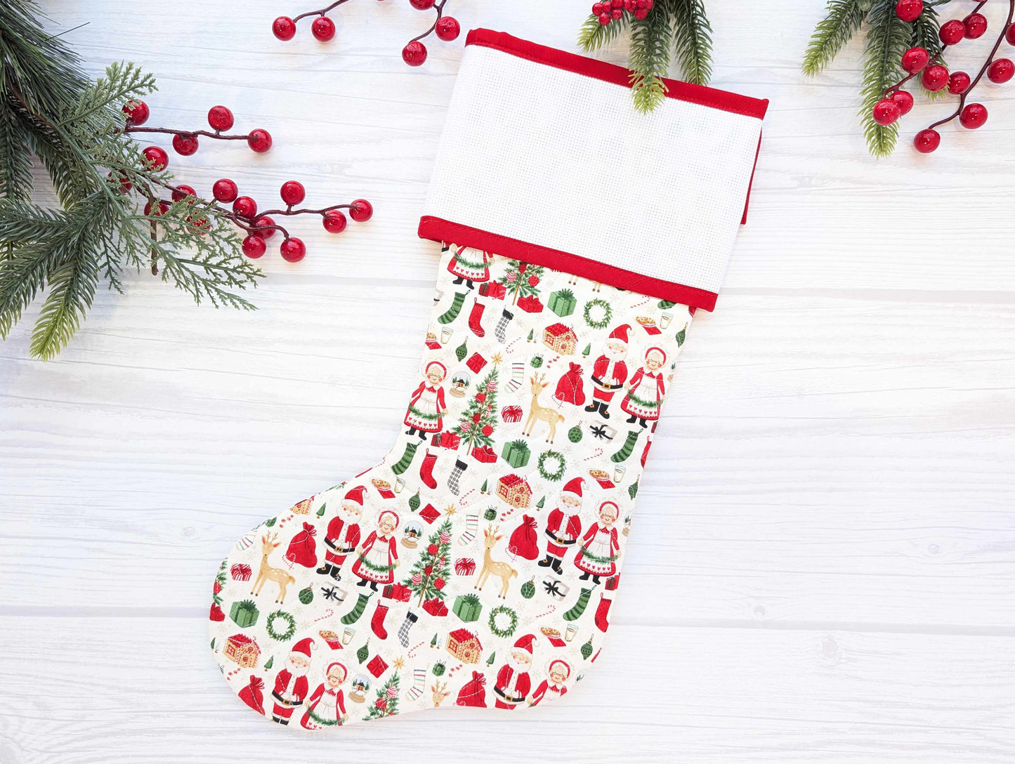 white mrs claus santa quilted christmas stocking with blank cross stitch Aida cuff
