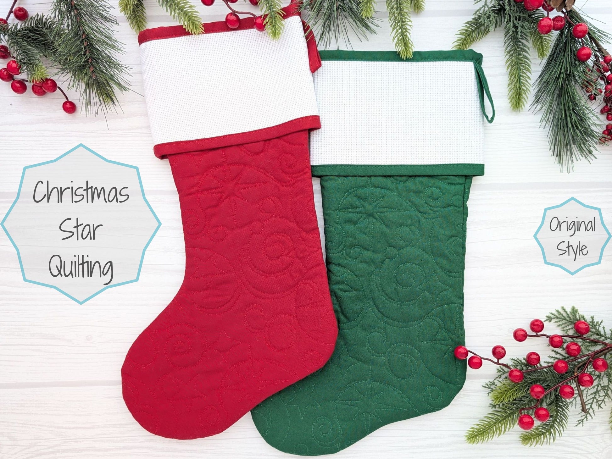 christmas star quilted christmas stocking with blank cross stitch aida cuff in red or green
