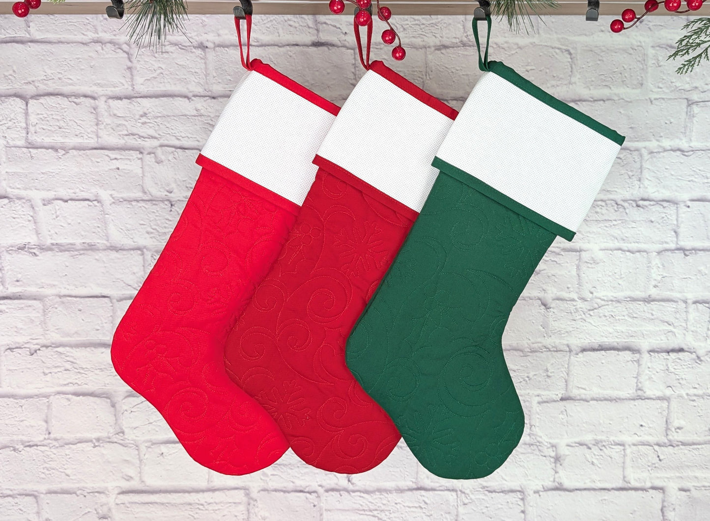 christmas star quilted christmas stocking with blank cross stitch aida cuff in red or green