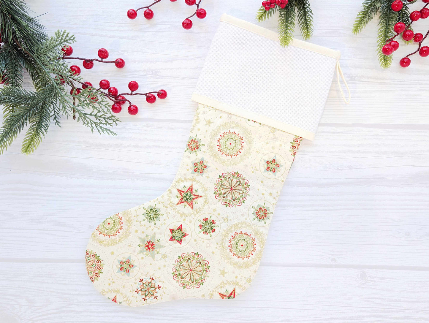 cream snowflake stars quilted Christmas stocking with blank cross stitch aida cuff
