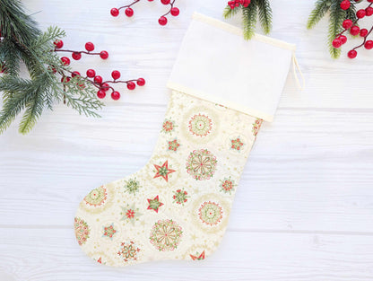 cream snowflake stars quilted Christmas stocking with blank cross stitch aida cuff