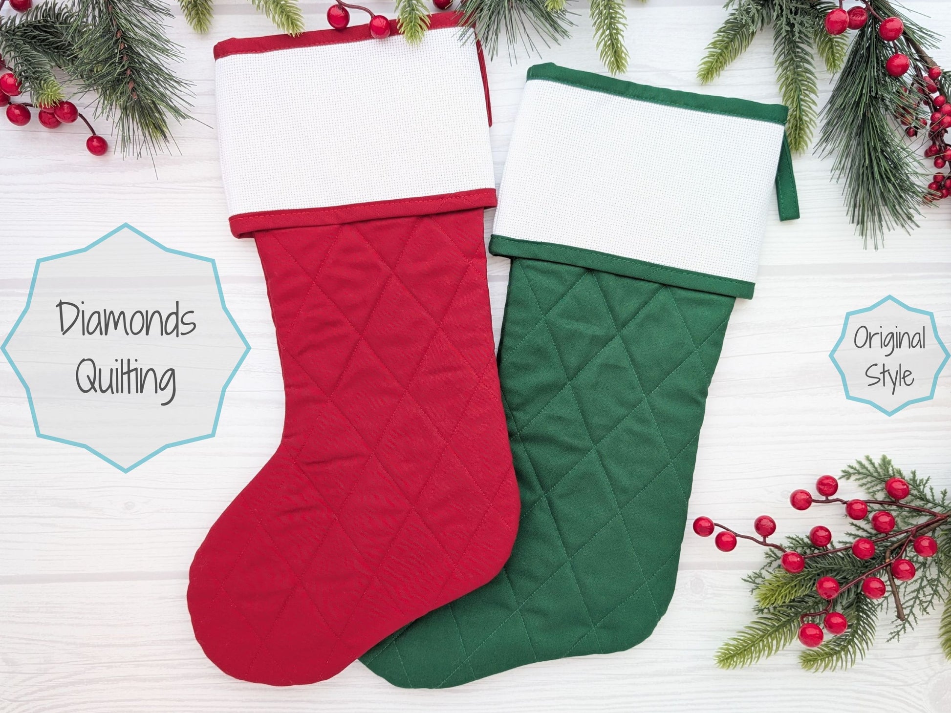diamond quilted christmas stocking with blank cross stitch aida cuff in red or green