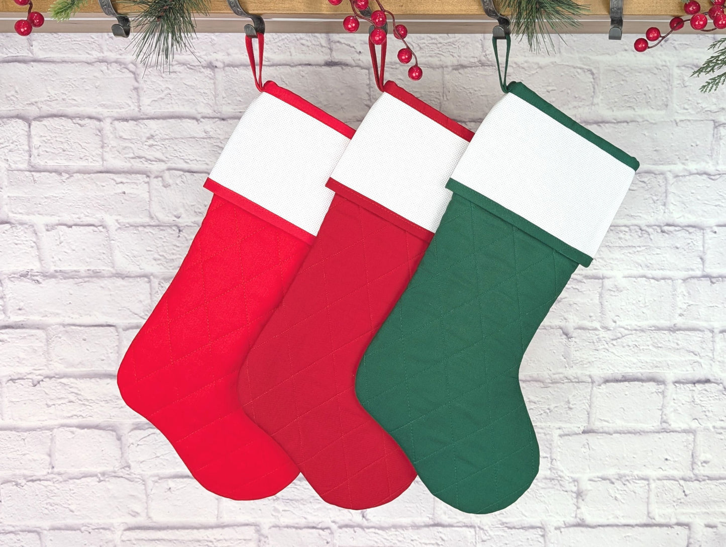 diamond quilted christmas stocking with blank cross stitch aida cuff in red or green