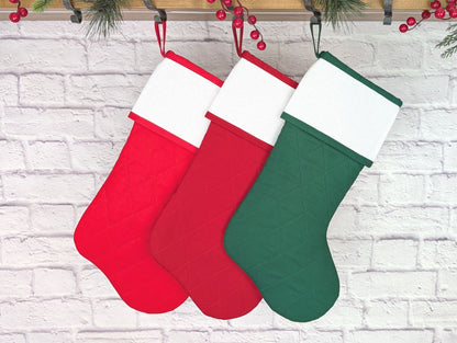 diamond quilted christmas stocking with blank cross stitch aida cuff in red or green