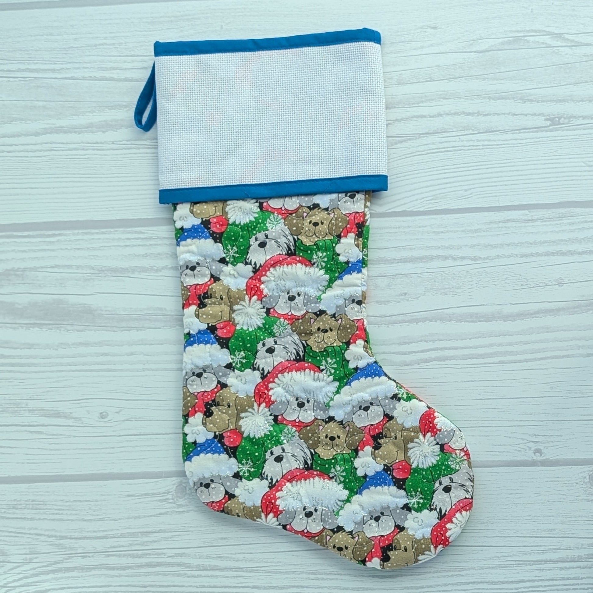 dog stocking with blank cross stitch cuff and blue trim